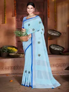 SANGAM PRINTS Floral Embroidered Linen Blend Saree