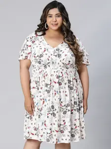 Oxolloxo Plus Size Floral Printed Smocked Fit & Flare Dress