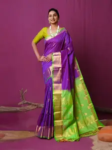 Unnati Silks Ethnic Motifs Woven Design Zari Silk Cotton Handloom Kanjeevaram Saree
