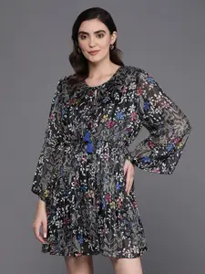 Anouk Floral Printed Flared Sleeve Georgette A-Line Dress