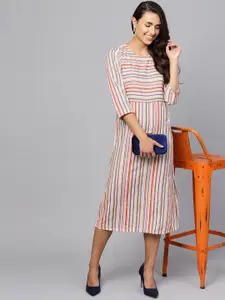 Anouk Striped Round Neck A-Line Midi Dress