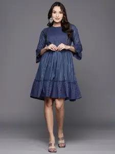 Anouk Self Design Striped Round Neck Bell Sleeve Cotton A-Line Dress