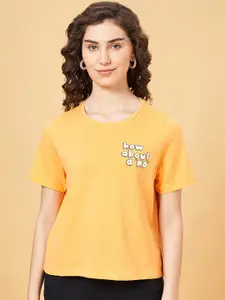 People Orange Typography Printed Cotton Relaxed Fit T-shirt