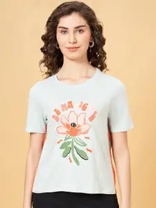 People Grey Floral Printed Cotton Relaxed Fit T-shirt