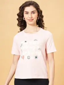 People Pink Typography Printed Cotton Relaxed Fit T-shirt