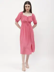 Madame Tie-Up Neck Flared Puff Sleeve Fit & Flare Midi Dress