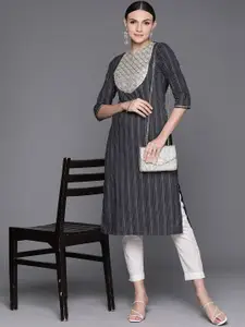 Anouk Navy Blue Ethnic Motifs Printed Sequinned Detailed Cotton Straight Kurta