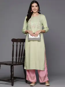 Anouk Green Floral Embroidered Sequinned Straight Kurta