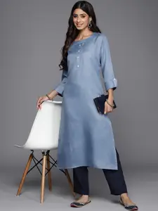 Anouk Blue Roll-Up Sleeves Pure Cotton Straight Kurta