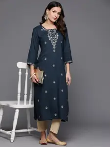 Anouk Teal Blue Ethnic Motifs Embroidered Straight Kurta