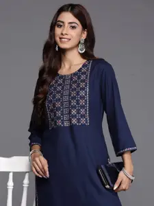 Anouk Navy Blue Geometric Printed Sequined Straight Kurta