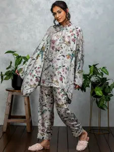 Rhe-Ana Floral Printed Mandarin Collar Pure Silk Top & Trouser