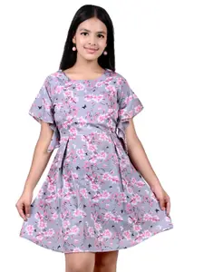 BAESD Floral Printed Round Neck Short Sleeves Fit & Flare Cotton Dress