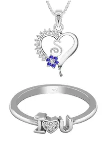 Vighnaharta Rhodium-Plated CZ-Studded Alphabet Heart Pendant With Chain & Finger Ring