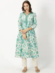 Saffron Threads Floral Printed A-line Kurta with Neck Embroidery