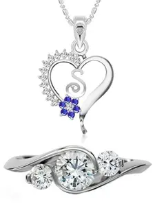 Vighnaharta Rhodium-Plated CZ-Studded Alphabet Heart Pendant With Chain & Finger Ring
