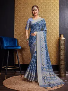Mitera Blue Geometric Printed Zari Pure Silk Saree