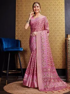 Mitera Pink Geometric Printed Zari Pure Silk Saree