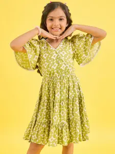 Stylo Bug Girls Geometric Printed Flared Sleeves Tiered Crepe Fit & Flare Dress