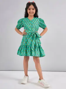 Stylo Bug Girls Floral Printed Puffed Sleeves Tiered Pure Cotton Fit & Flare Dress