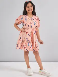 Stylo Bug Floral Print Tie-Up Neck Puff Sleeve Crepe Fit & Flare Dress