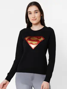 Kraus Jeans Superman Printed Round Neck Long Sleeves Embellished Cotton Slim Fit T-shirt