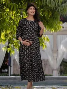 Nayo Black Floral Printed Cotton Flared Maternity Fit & Flare Dress