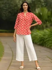 Pink Fort Cotton Dabu Geometric Print Top - Peach