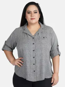 Indietoga Plus Size Classic Checked Cuban Collar Roll-Up Sleeves Casual Shirt
