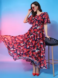 ASPORA Floral Printed Flared Sleeve Georgette Maxi Dress