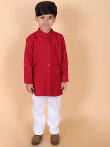 BAESD Boys Embroidered Regular Sequinned Pure Cotton Mandarin Collar Kurta with Pyjama