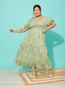 QUIERO MAS Plus Size Floral Printed Cuffed Sleeves Georgette Tiered Maxi Dress