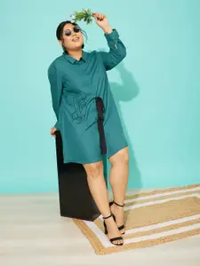 QUIERO MAS Plus Size Conversational Embroidered Cuffed Sleeves Tie Up Shirt Dress