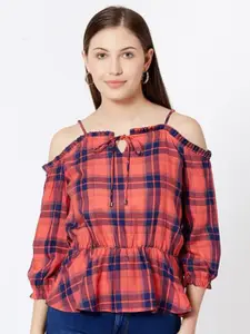 Kraus Jeans Checked Cold-Shoulder Top