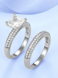 Peora Set Of 2 Silver-Plated CZ Studded Solitaire & Eternity Finger Rings