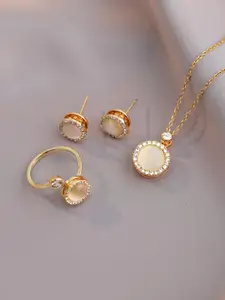Peora Gold-Plated CZ-Studded Pendant & Earrings With Finger Ring