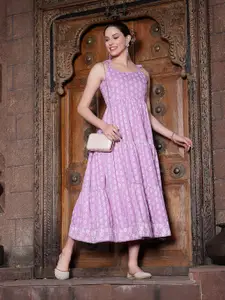 Stylum Lavender Floral Printed Shoulder Straps Tiered Detail Fit & Flare Midi Dress