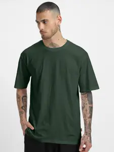 VEIRDO Olive Green Drop-Shoulder Sleeves Pure Cotton Oversized T-shirt