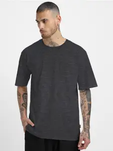 VEIRDO Grey Drop-Shoulder Sleeves Pure Cotton Oversized T-shirt