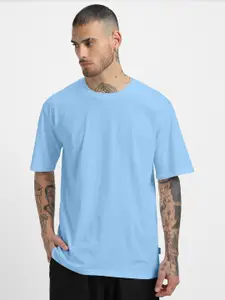 VEIRDO Sky Blue Drop-Shoulder Sleeves Pure Cotton Oversized T-shirt