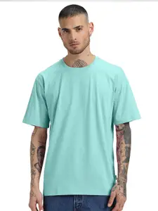 VEIRDO Blue Drop-Shoulder Sleeves Pure Cotton Oversized T-shirt