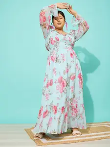QUIERO MAS Plus Size Floral Printed Chiffon Tiered Maxi Dress