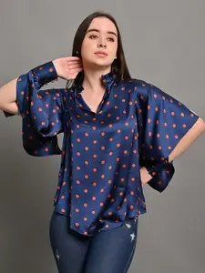 NoBarr Polka Dot Print Mandarin Collar Flared Sleeve Top