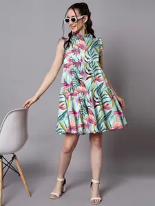 The Dry State Tropical Printed High Neck Sleeveless Tiered Fit & Flare Dress