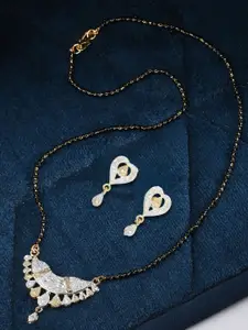 AanyaCentric Set Of 2 Silver-Plated Anklets with Gold-Plated Mangalsutra & Earrings