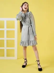 Stylo Bug Girls High Neck Puffed Sleeves Ruffled Satin A-Line Dress