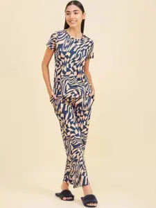 Sweet Dreams Navy Blue Abstract Printed Night suit