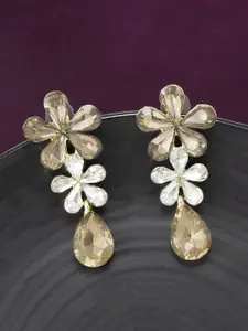 PRIVIU Rose Gold-Plated Crystals Studded Floral Drop Earrings