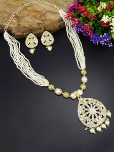 PRIVIU Gold-Plated Stone-Studded & Beaded Teardrop Necklace & Earrings