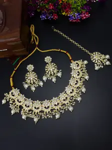 PRIVIU Gold-Plated Artificial Stones Studded Necklace & Earrings Maang Tika